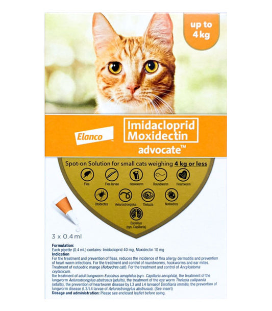 Advocate Flea & Tick Spot On for Small Cats up to 4kg (3 x .4ml pipettes)